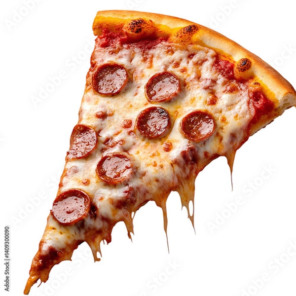 Fototapeta Sausage pizza slice with melted cheese isolated on transparent background.