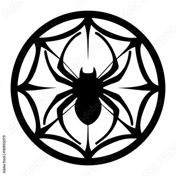 Fototapeta A Striking Black and White Illustration of a Spider in its Web Encircled in a Circle
