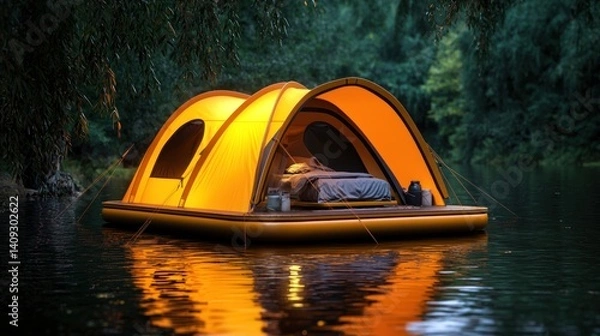 Fototapeta Illuminated floating camping tent on tranquil river at dusk