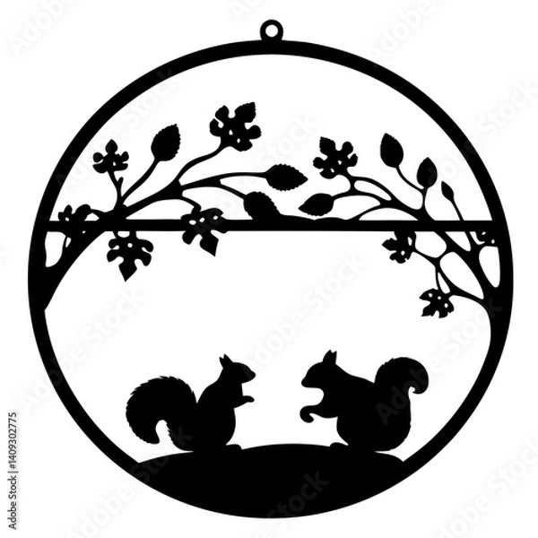Fototapeta Elegant Circular Squirrel Silhouette Wall Hanging with Branch and Leaves