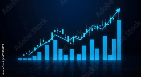 Fototapeta Glowing Blue Bar Chart and Line Graph Showing Strong Upward Trend