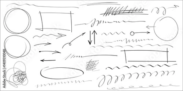 Obraz Set of sketchy shapes and underline elements Scrawls, highlights, hand drawn arrows, grunge lines, crayon scribbles, rough brush charcoal pen stroke, emphasis marks. Sketches of ellipse rectangle oval