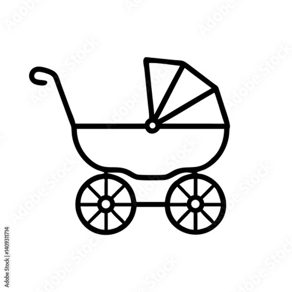 Fototapeta Minimalistic black outline vector icon of a baby stroller. Simple and modern design