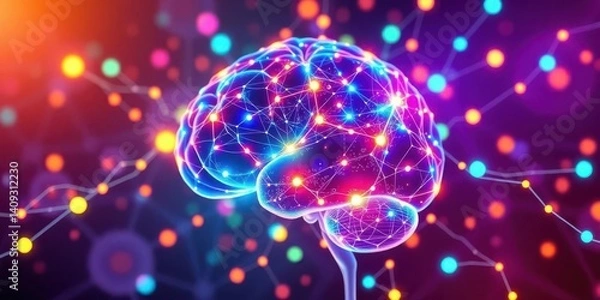 Fototapeta Stylized vibrant network of glowing nodes & connections, abstract brain, synapses, electric