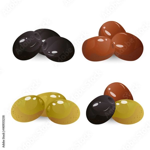 Fototapeta Set olives. For bottle product package, cuisine cooking or salad.Vector image of olives in cartoon flat simple style