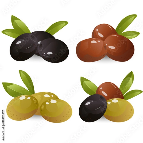 Fototapeta Set olives. For bottle product package, cuisine cooking or salad.Vector image of olives in cartoon flat simple style