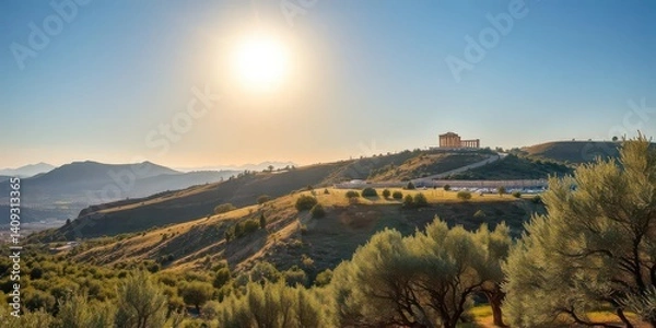 Obraz Sun-drenched Athenian hillsides, olive groves, ancient ruins visible in distance, stone, photography
