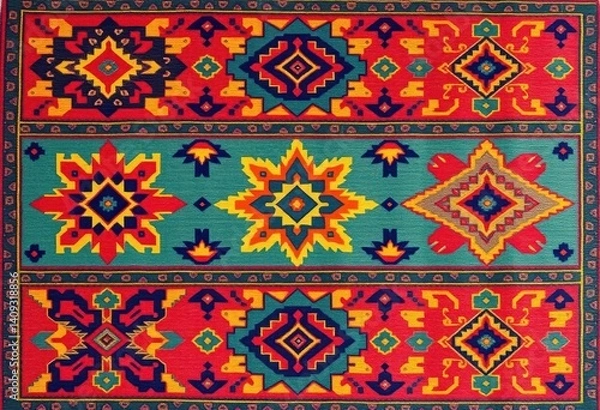 Fototapeta Vibrant geometric patterns in a vintage wool rug, showcasing modern color palettes on a traditional Sadu design, bedouin, vintage