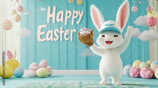 Obraz A rabbit wearing a baseball cap and glove, about to catch an egg-shaped baseball, "Happy Easter" in soft script floating in the clouds 