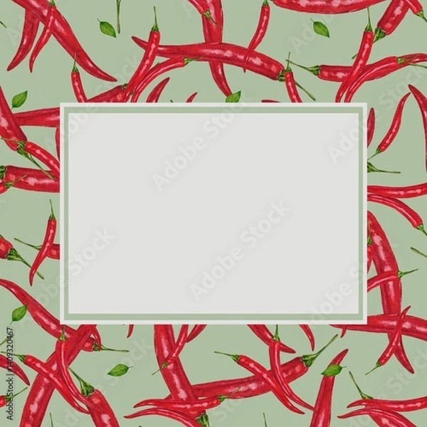 Fototapeta Frame with empty space for text on the background of bright red chili peppers, made in watercolor technique. Perfect for recipes, menus or invitations.