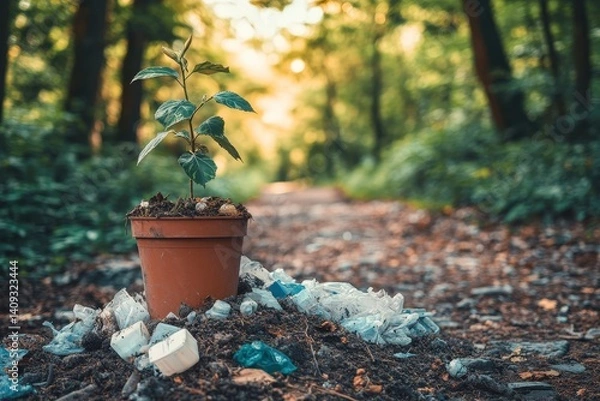 Fototapeta Small sprout amidst discarded plastic waste in a forest path.