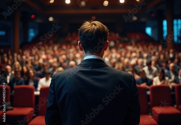 Obraz Man in Suit Addressing Large Audience in Auditorium