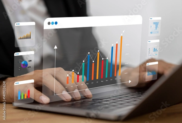 Fototapeta Business analytics, complex data with dashboards, multitasking expert data analyzing financial statistics, market research and digital marketing metrics, KPI, ROI, big data, financial planning