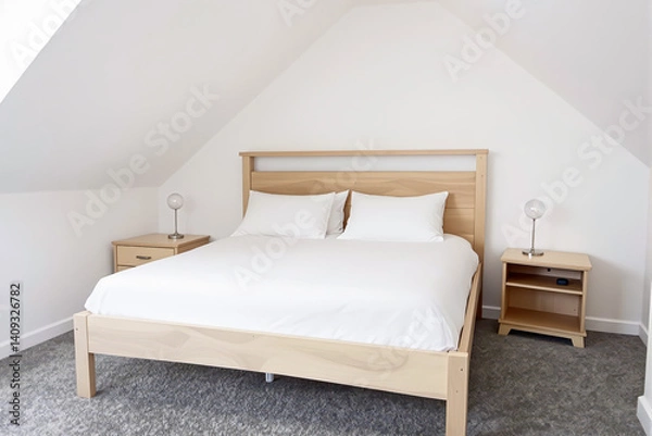 Obraz pristine bedroom features a light wood double bed with crisp white linens.