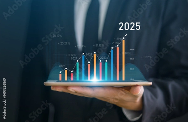 Obraz Human with 2025 new year target sale profit and arrow business financial investment graph, business growth, money, 2025, chart, target, investment, funds, saving money, banking, marketing and profit