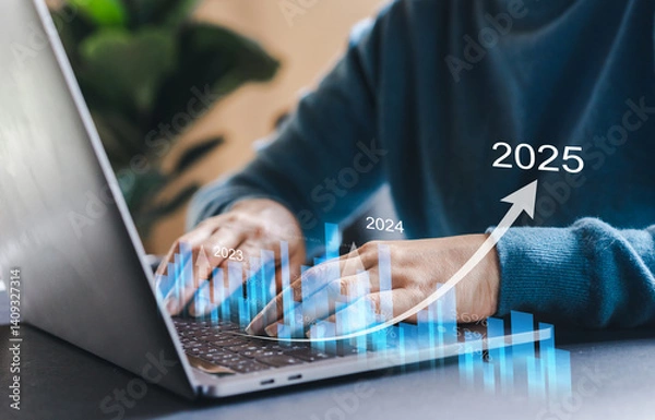 Fototapeta Human with 2025 new year target sale profit and arrow business financial investment graph, business growth, money, 2025, chart, target, investment, funds, saving money, banking, marketing and profit