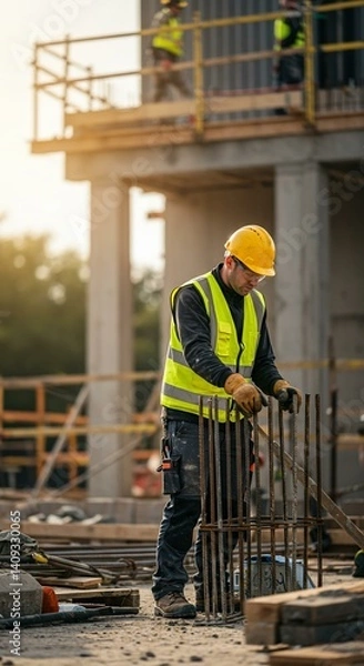 Fototapeta Construction Worker Shaping Rebar on Building Site in Safety Gear