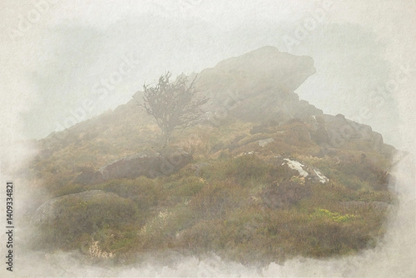 Obraz Digital watercolour painting of a misty Gib Torr in the Peak District National Park.