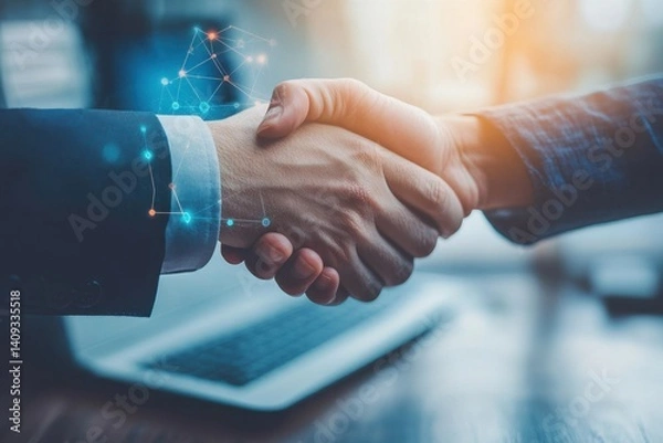 Fototapeta Professional handshake symbolizing partnership, collaboration, business agreement with digital technology overlay and modern workplace ambiance