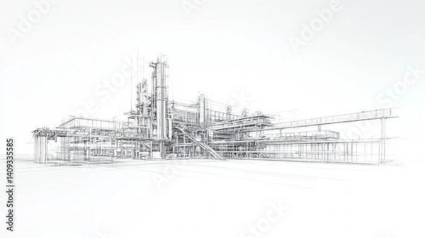 Obraz Industrial facility design layout in technical drawing style showcasing structures and processing equipment