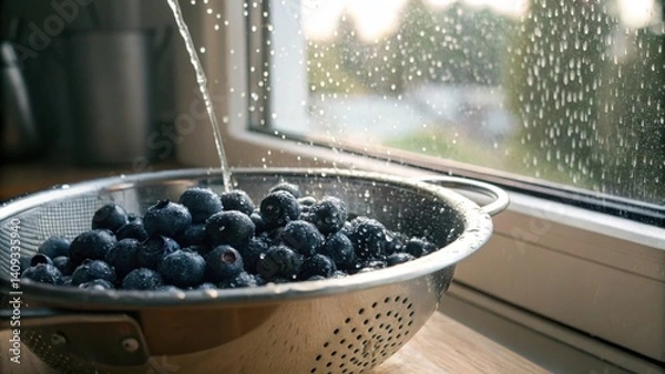 Obraz seasonal fruits Fresh blueberries being washed in a colander by a window with raindrops on the glass.