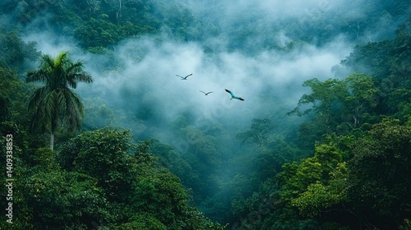 Obraz Misty rainforest canopy with birds. Lush green jungle foliage, shrouded in mist