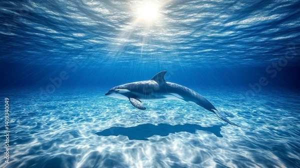 Obraz Hyper-realistic underwater rendering of an orca in the ocean, sunlight piercing the water surface, cinematic style with high detail, natural lighting, and low contrast.