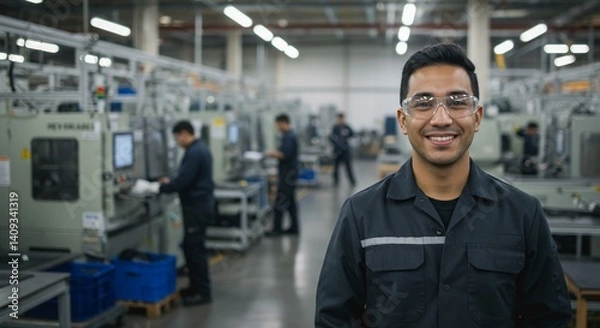 Fototapeta Smiling technician wearing safety glasses in factory environment.