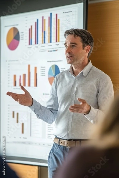 Fototapeta A manager leads a discussion on time expectations across cultures. Charts show flexible versus strict timelines. The mood is practical and open-minded