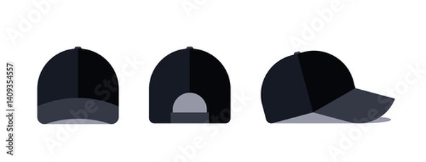 Obraz Black baseball cap. Front, back, side view. isolated on white background