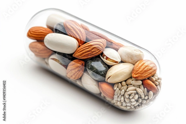 Obraz Close-up of a transparent capsule filled with various nuts and seeds as a natural source of magnesium on a white background.
