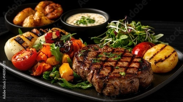 Fototapeta Grilled Steak with Vegetables and Sauce on a Dark Background