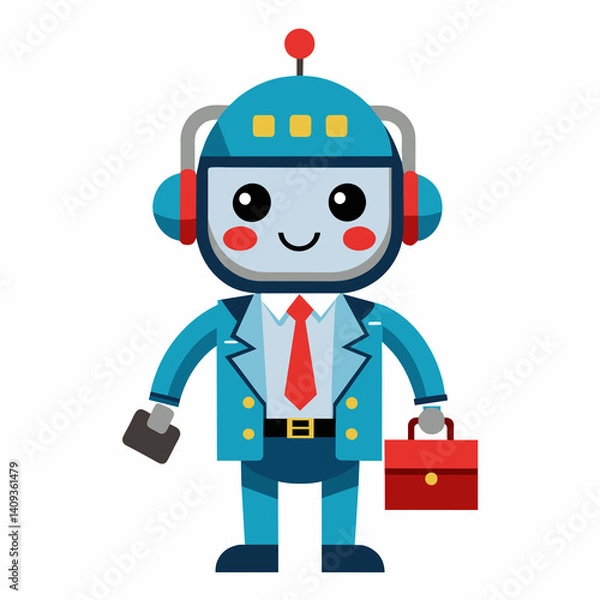 Obraz Cute and flat robot businessman with briefcase.  Blue, red, and white vector illustration on a clean background.
