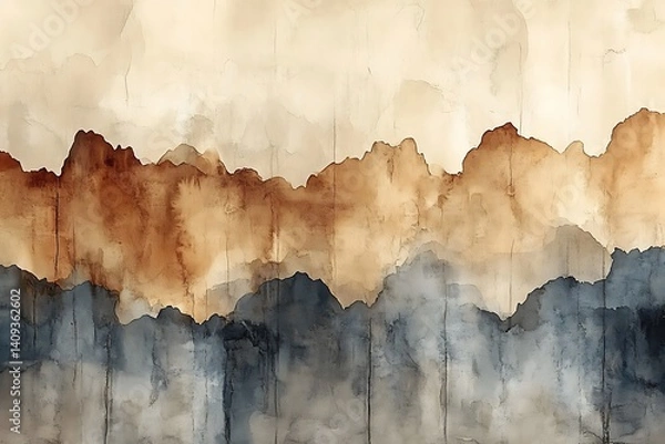 Fototapeta Abstract landscape painting of layered mountains in muted earth tones.