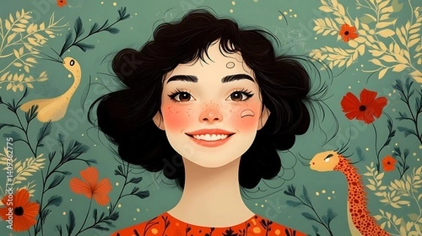 Fototapeta Smiling girl surrounded by whimsical floral and animal illustrations.