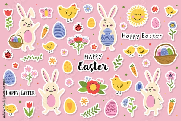 Fototapeta Collection of Easter stickers: bunny, chick, egg and flowers. Cute cartoon style elements. Vector illustration
