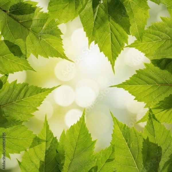 Obraz A frame of green leaves surrounds a blurred composition of light spots. This simple but expressive detail creates an atmosphere of freshness and harmony with nature.