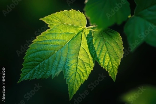 Fototapeta Delicate green leaves basking in the soft glow of morning light in a tranquil forest setting