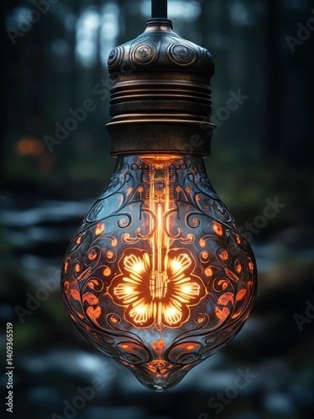 Fototapeta Glowing Flower Light Bulb with Intricate Patterns and Warm Orange Light