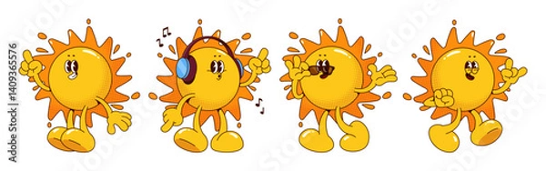 Fototapeta Funky retro sun mascot character - cute cartoon face expressions, big shoes, headphones and sunglasses. Playful vintage emoticons showing fun summer party mood. Joyful bright yellow sunny personage.