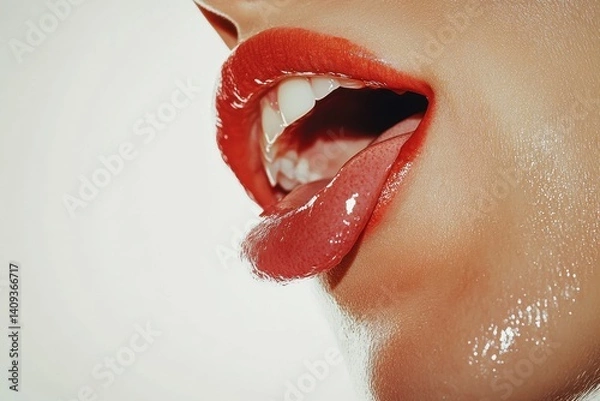 Obraz Seductive Red Lips: A tantalizing close-up of a woman's lips, painted in a vibrant red shade, with a hint of tongue peeking out, creating an alluring and playful image. 