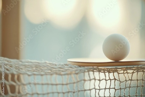 Fototapeta Table Tennis Serenity: Close-up shot of a ping pong ball balanced delicately on a paddle, juxtaposed with a blurred net, embodying the calm focus of table tennis, evoking the game's essence.