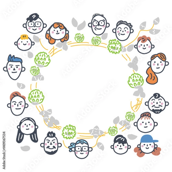 Fototapeta クローバーの輪と日本人と外国人　外国人シリーズ　ストックイラスト素材
