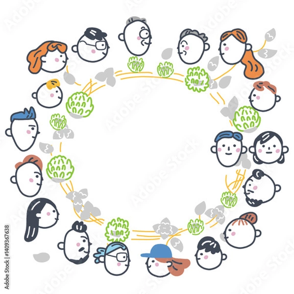 Obraz クローバーの輪と日本人と外国人　横顔　グローバルシリーズ　ストックイラスト素材
