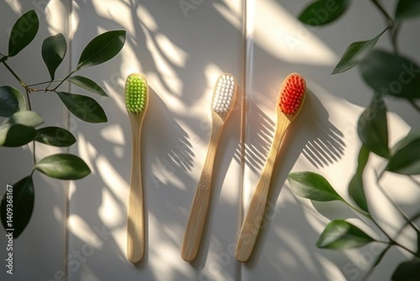 Obraz Two Colorful Toothbrushes and Towel in Minimalist Bathroom for Daily Dental Care and Lifestyle