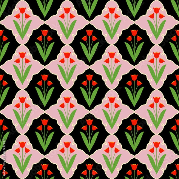 Obraz geometrical seamless pattern with tulips on dark background. Elegant Endless Design ideal for Fabric, Wrapping Paper. spring summer Garden.