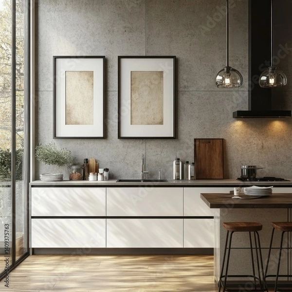 Fototapeta Modern Minimalist Kitchen in Scandinavian Style with Mock Up Poster Frame and Art Above Concrete Walls