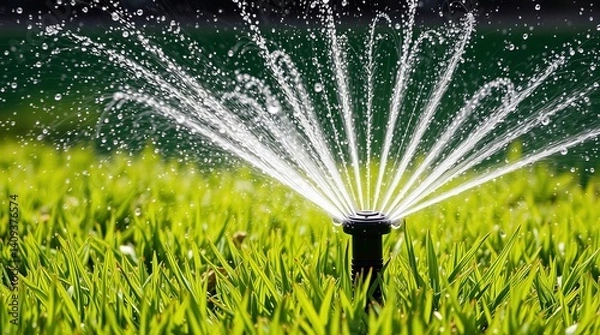 Fototapeta Lawn sprinkler waters lush green grass. Crystal droplets spray outwards, creating a refreshing and vibrant scene, promoting growth.