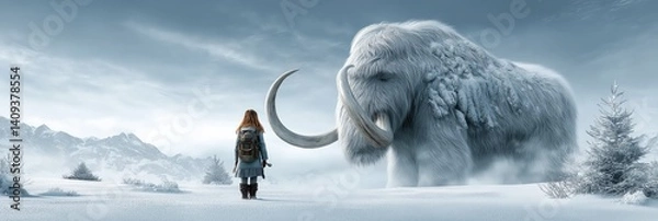 Obraz A young adventurer encounters a majestic woolly mammoth in a serene snow-covered landscape under a vast, cloudy sky.