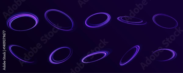 Fototapeta Set of neon blurry light circles at motion . Vector swirl trail effect. Abstract vector fire circles, sparkling swirls and energy light spiral frames.	